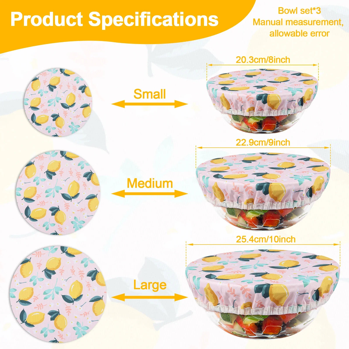 Juego de 3 cubiertas para cuencos, cubiertas elásticas reutilizables para cuencos de 3 tamaños, cubiertas de tela de algodón para recipientes de almacenamiento de alimentos para la cocina del hogar
