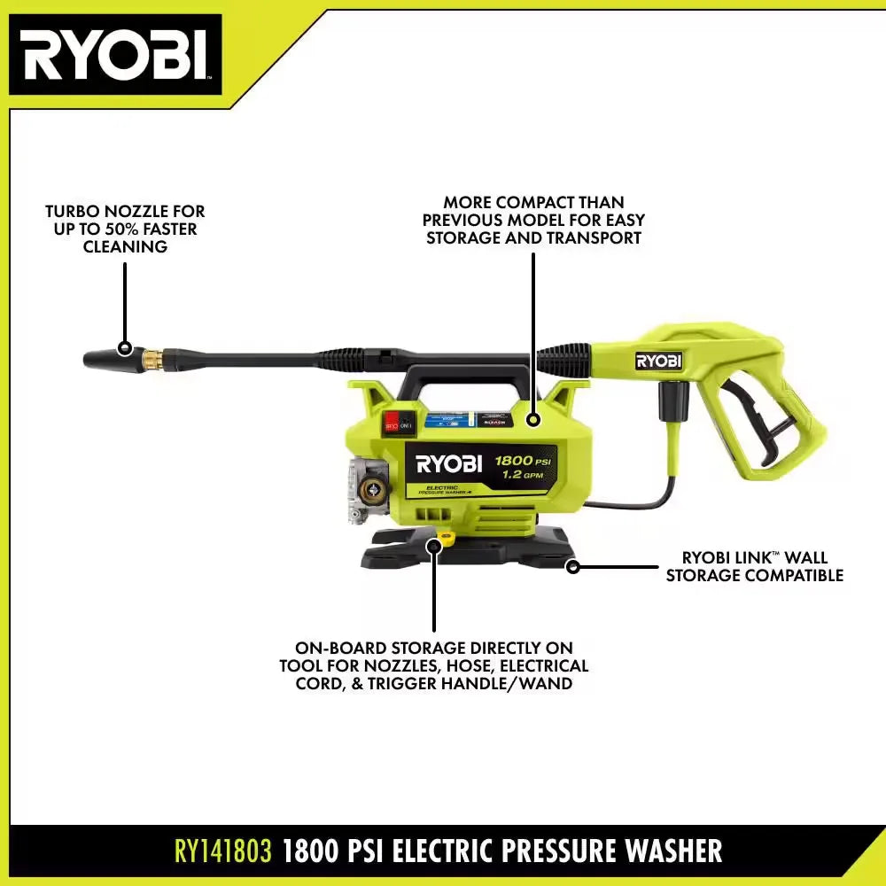 Hidrolavadora eléctrica con cable de 1800 PSI, 1.2 GPM, de agua fría