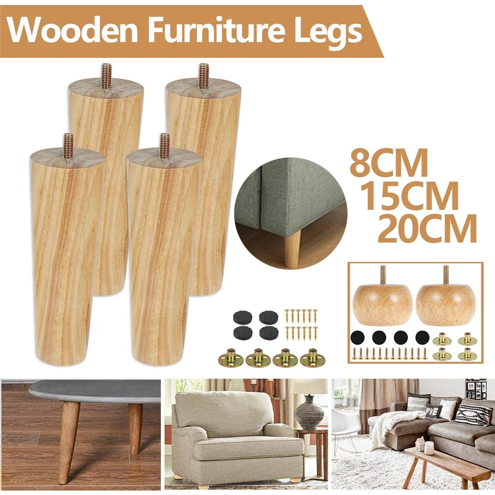 4 Patas de Madera de Repuesto para Muebles, Patas de Mesa de 8/15/20cm de Altura con Tornillos y Almohadillas para Sofá, Silla, Cama, Armario