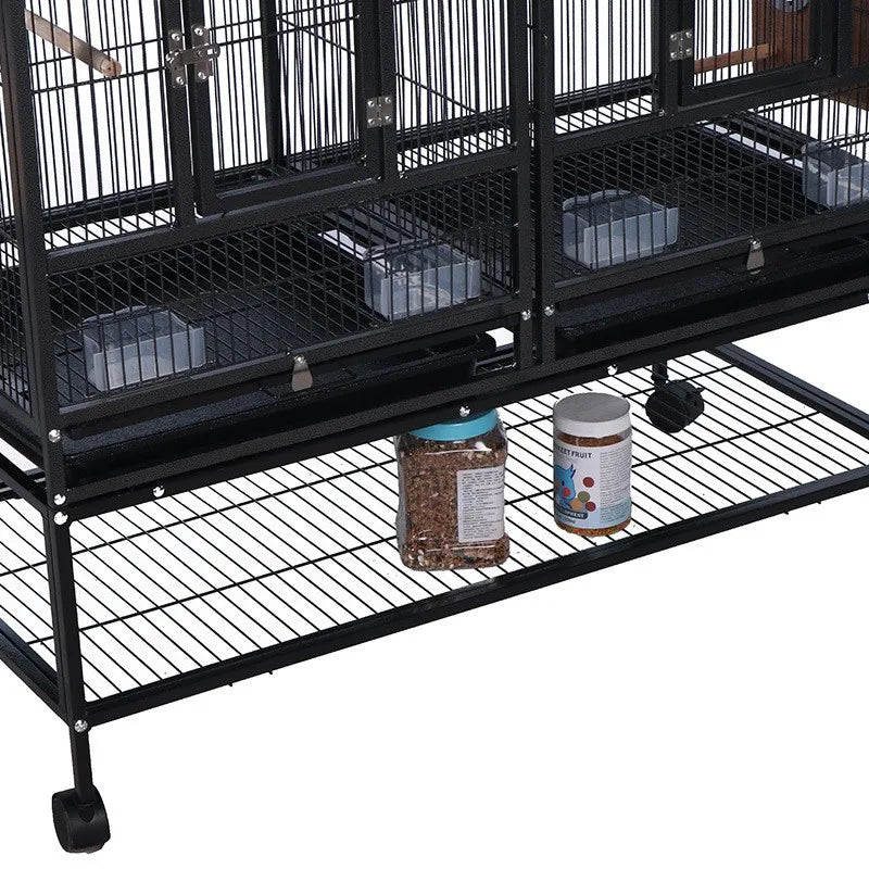 Jaula para pájaros de cría con soporte rodante desmontable Jaula de criador con perchas, cajas de comida, bandeja extraíble y estante de almacenamiento
