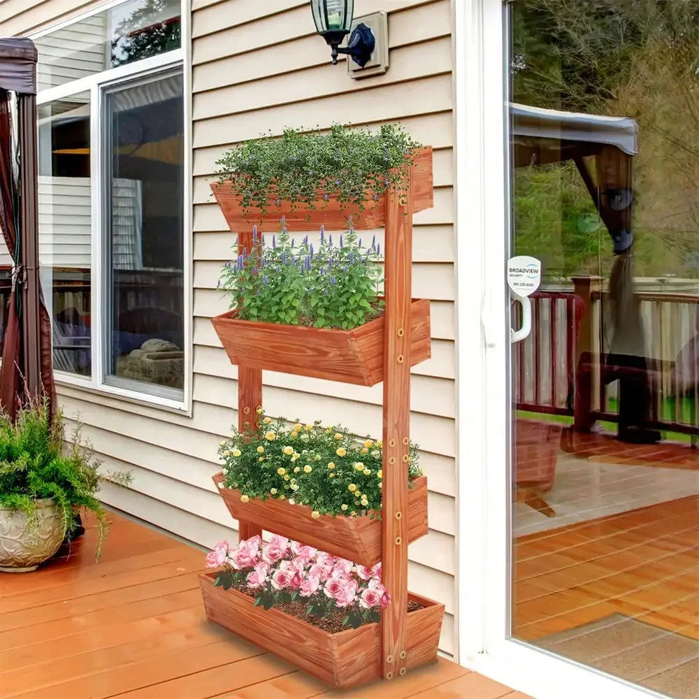 Estante de madera para jardín de 4 niveles en forma de escalera, macetero elevado extragrande para frutas