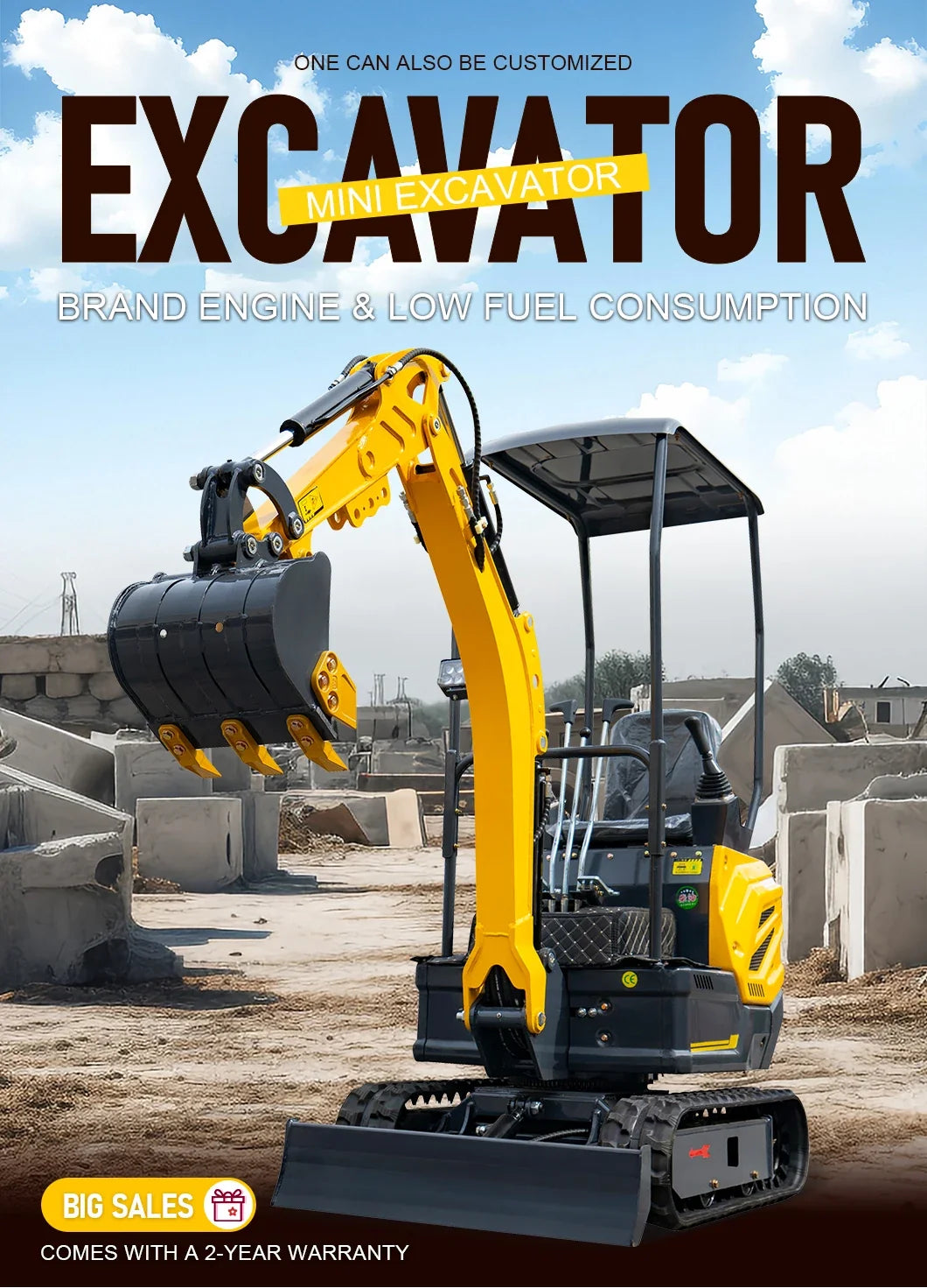 1 Ton Mini Excavator – Compact Micro Digger with Custom Colors for Greenhouse & Farm