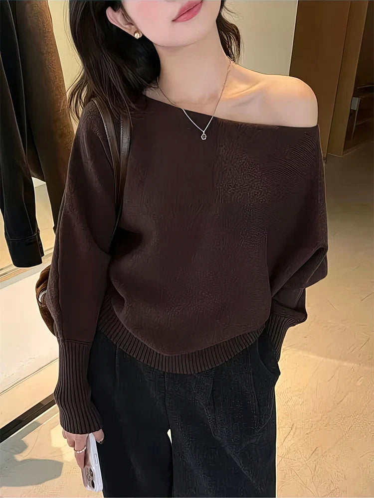 Batwing Long sleeve Knitted Pullover Women 300g Thick Off shoulder Top Korean Fashion Sweater Loose Casual Autumn Outwear Pull