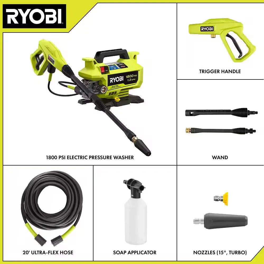 Hidrolavadora eléctrica con cable de 1800 PSI, 1.2 GPM, de agua fría