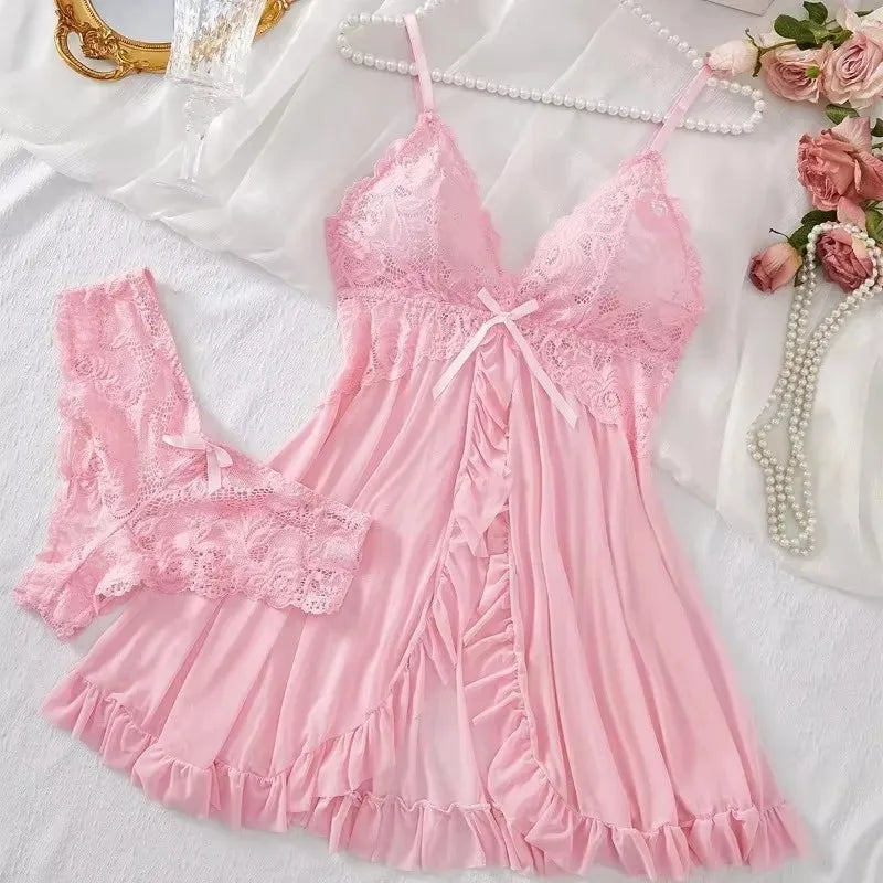 Conjunto de lencería sexy para mujer, sujetador erótico, camisón, lencería de encaje sexy, ropa de dormir, vestidos ajustados suaves, cuello en V, camisón completo y vestidos