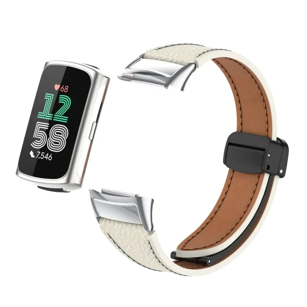 Fitbit Charge 5 & 6 Leather Band - Magnetic Folding Clasp