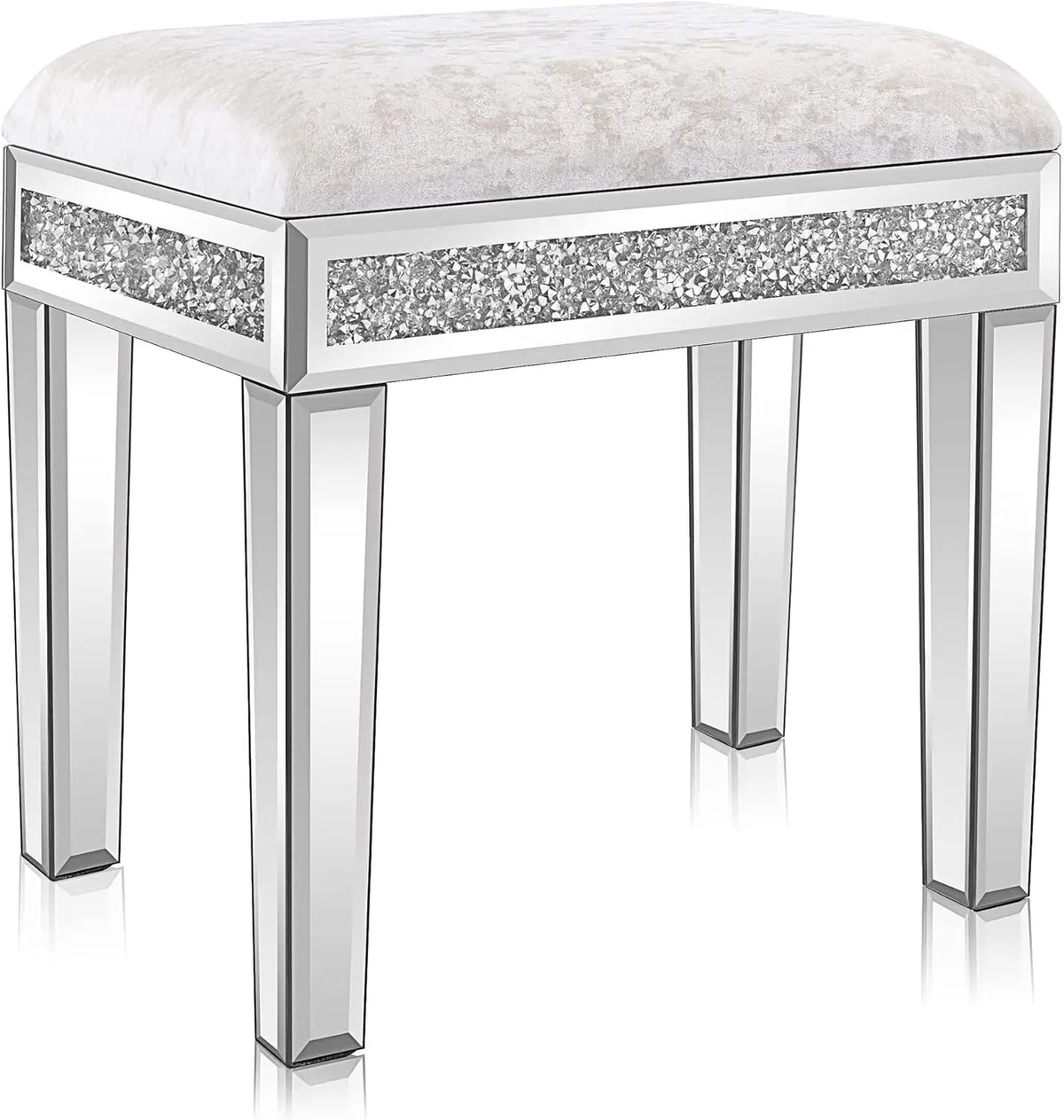 Taburete de tocador con espejo y almacenaje, otomana de terciopelo tapizada, banco para tocador de maquillaje con diamantes brillantes, plateado