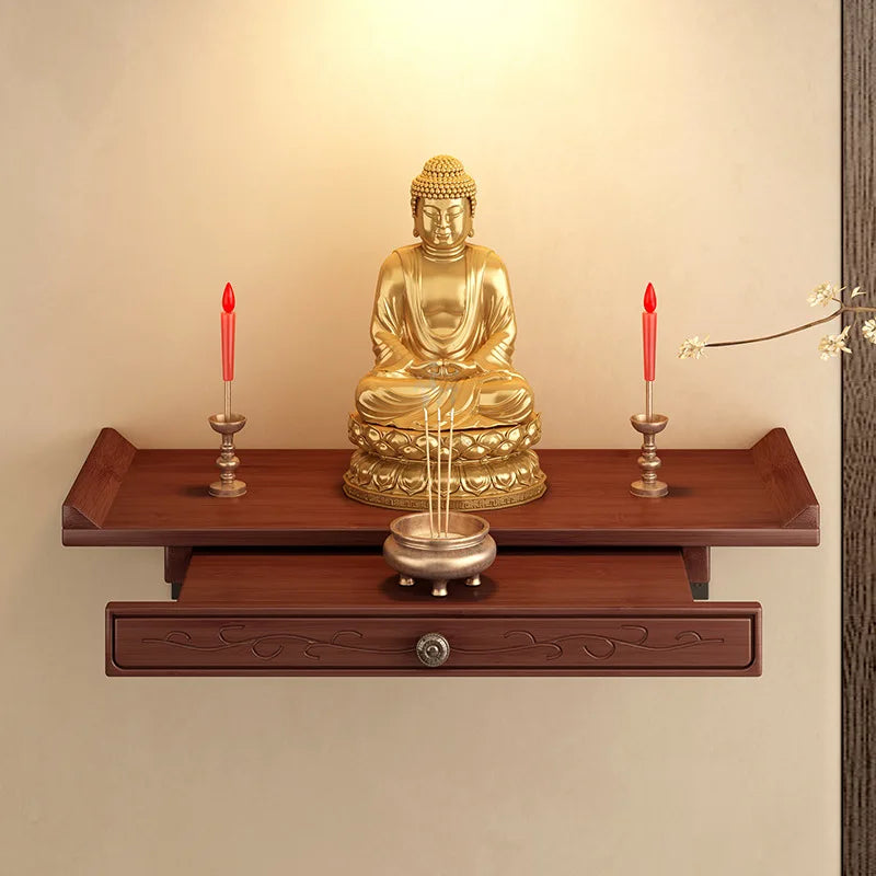 Buda nicho, santuario de pared del Dios de la Riqueza, base de ofrenda de Bodhisattva de madera no maciza, estante de almacenamiento de incensario