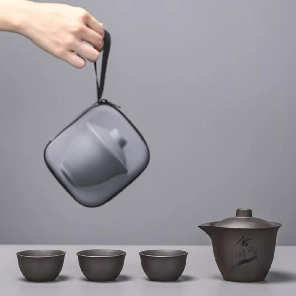 Juego de té de viaje portátil de cerámica, juego de té para acampar al aire libre, juego de una tetera y tres tazas
