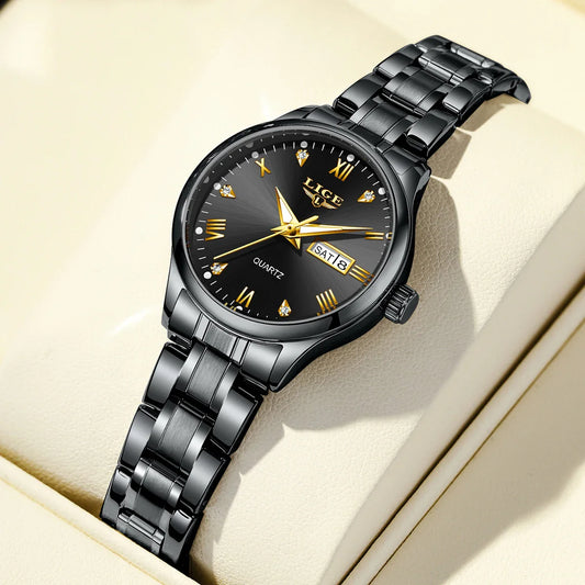 Women's Black Stainless Steel Diamond Dial Quartz Watch