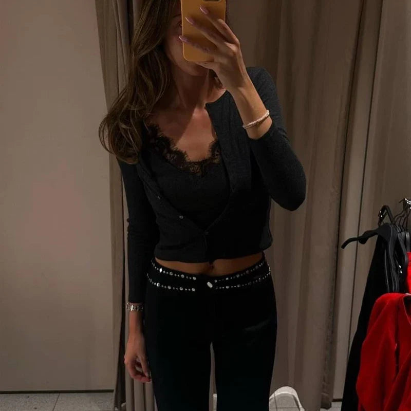 MUJER Cárdigan corto de encaje para mujer, tops de punto con botones, prendas de punto vintage, cárdigans de punto de manga larga para mujer