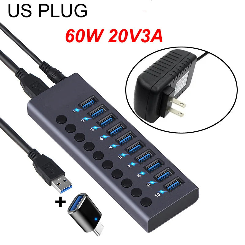 10-Port USB 3.0 Hub, 5Gbps Data Transfer Docking Station with 60W Power