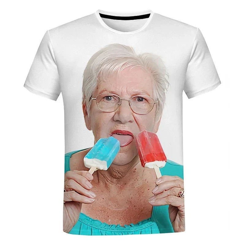 2023 Summer Creative Funny Ladies Licking Red Popsicle 3D Printed T-Shirt Cute Granny Funny Popsicle T-Shirt Casual Loose Tops