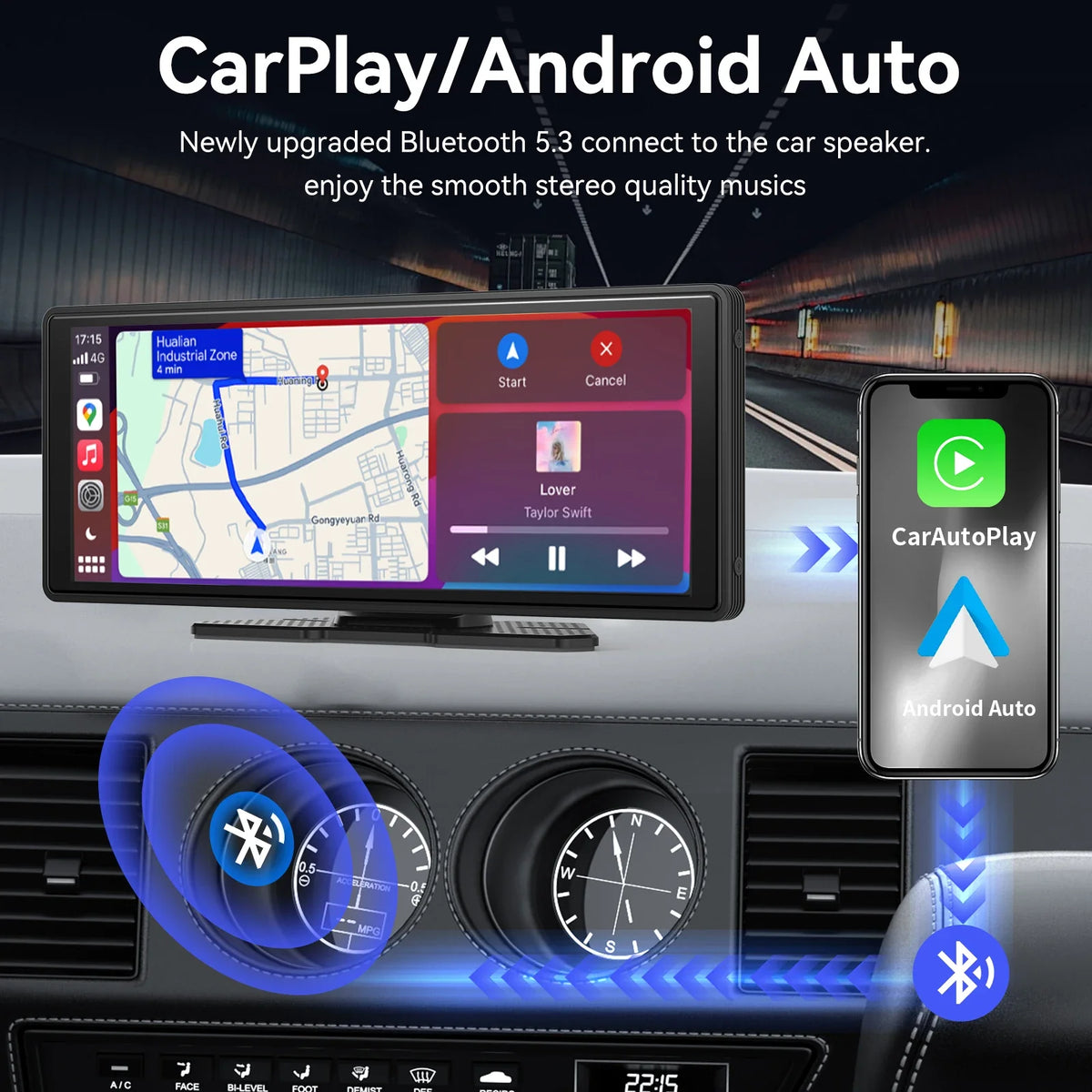 10.26 Inch Portable Wireless CarPlay Screen, Apple CarPlay and Android Auto Touchscreen