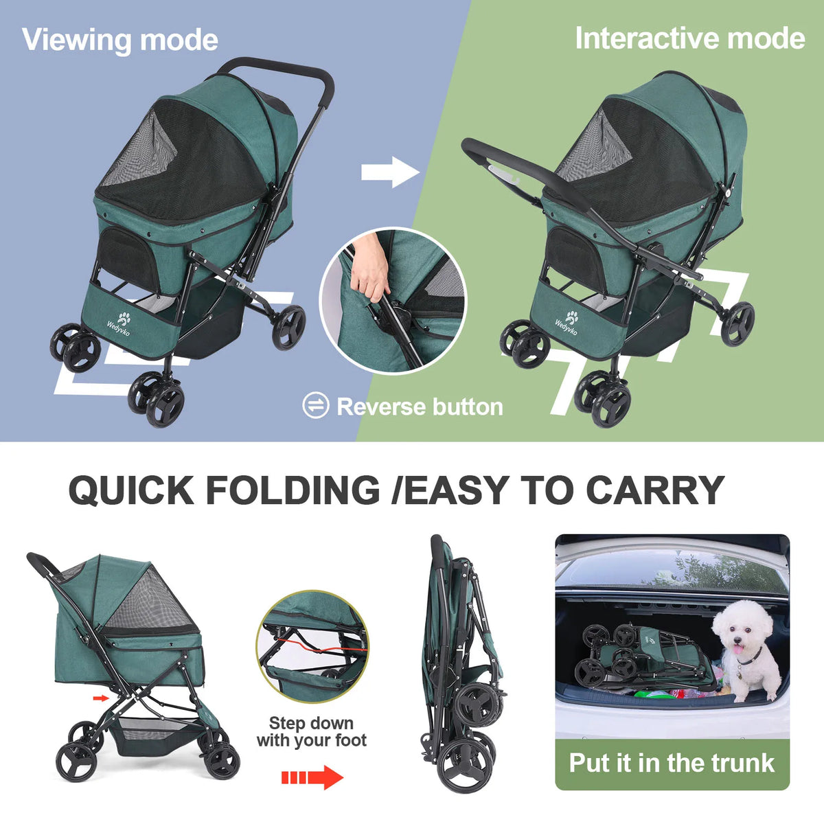 Cochecito para perros, cochecito para mascotas para perros y gatos medianos, con bolsas para excrementos de perro, manillar reversible, correas, cesta de almacenamiento y bolsa