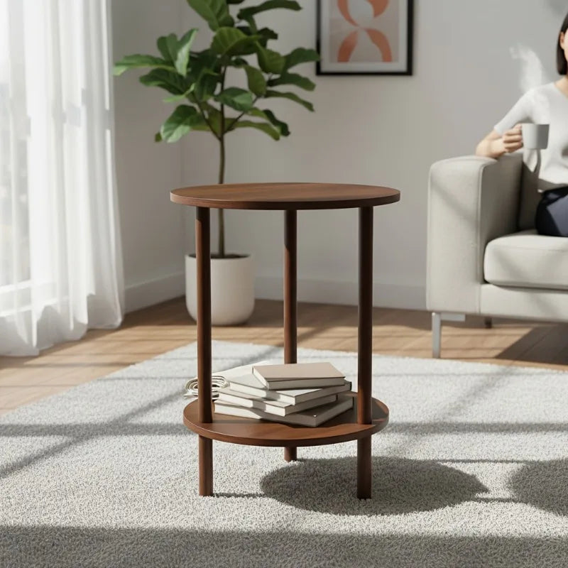 Juego de mesas de centro redondas nido modernas, mesa de madera de 2 niveles en nogal, mesa auxiliar anidable que ahorra espacio para salas de estar pequeñas