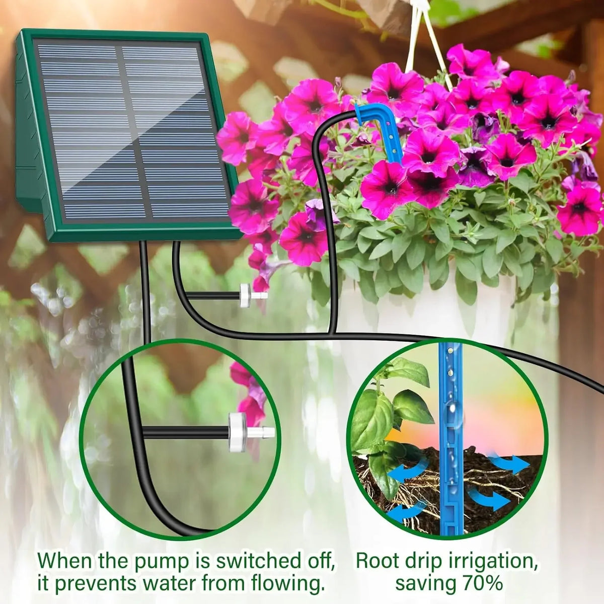 Sistema de riego solar para jardín, balcón, sistema de riego automático por goteo, sistema de riego de jardín DIY, riego por manguera de goteo