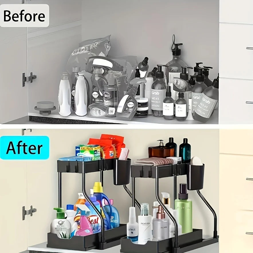 2 Tier Pull Out Storage Space Saving Box R-shaped Simple Durable Large Capacity Kitchen Bathroom Essential Drawer Organizer