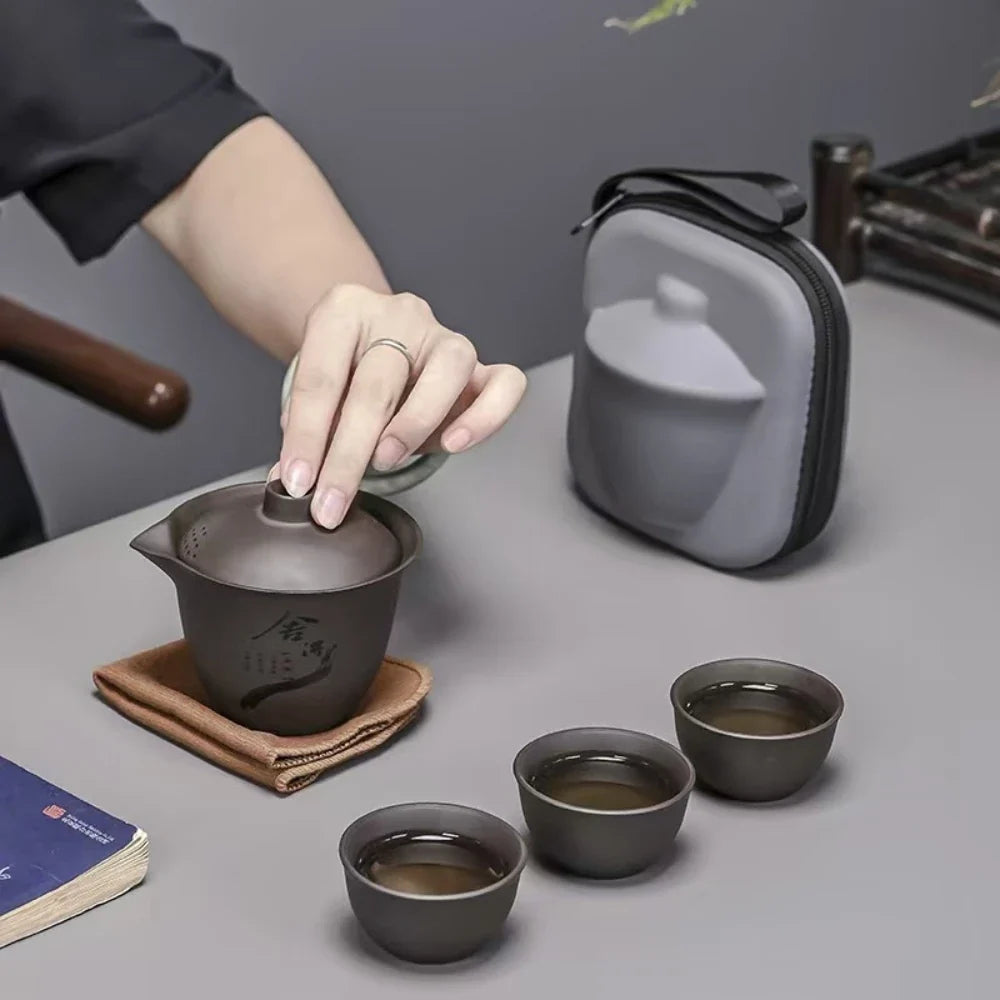 Juego de té de viaje portátil de cerámica, juego de té para acampar al aire libre, juego de una tetera y tres tazas