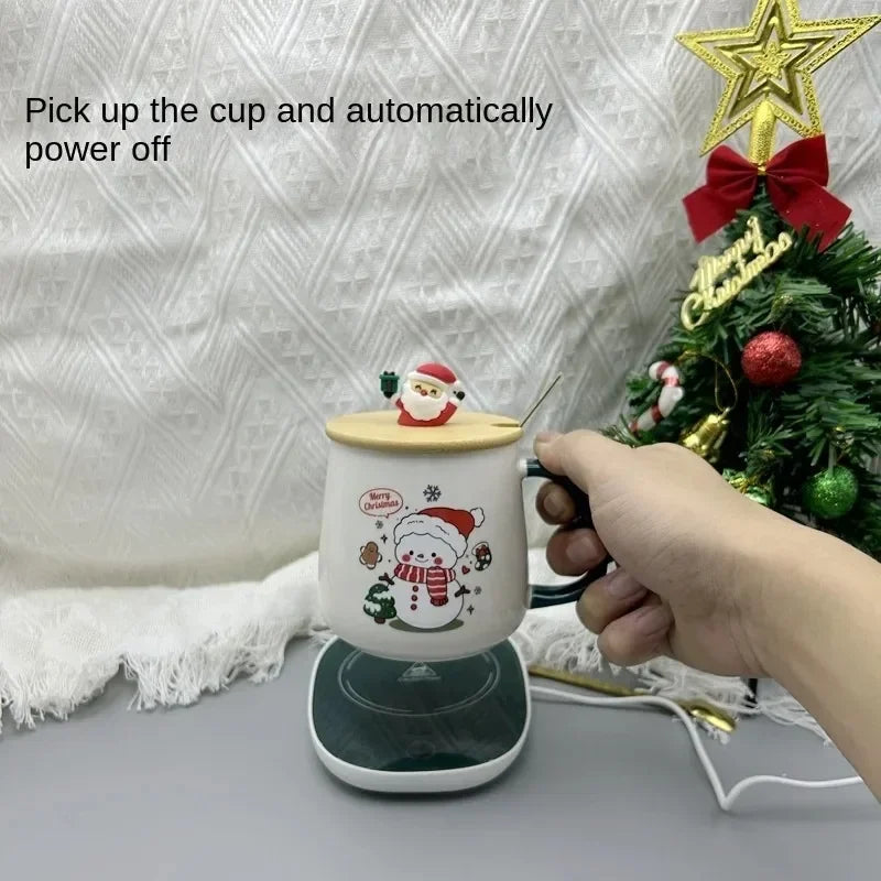 Christmas Gift New Year Set:55 ℃ Thermostat Mugs Cup Snowman Ceramic Cup with Lid with Spoon Mugs Coffee Cups for Home or Office