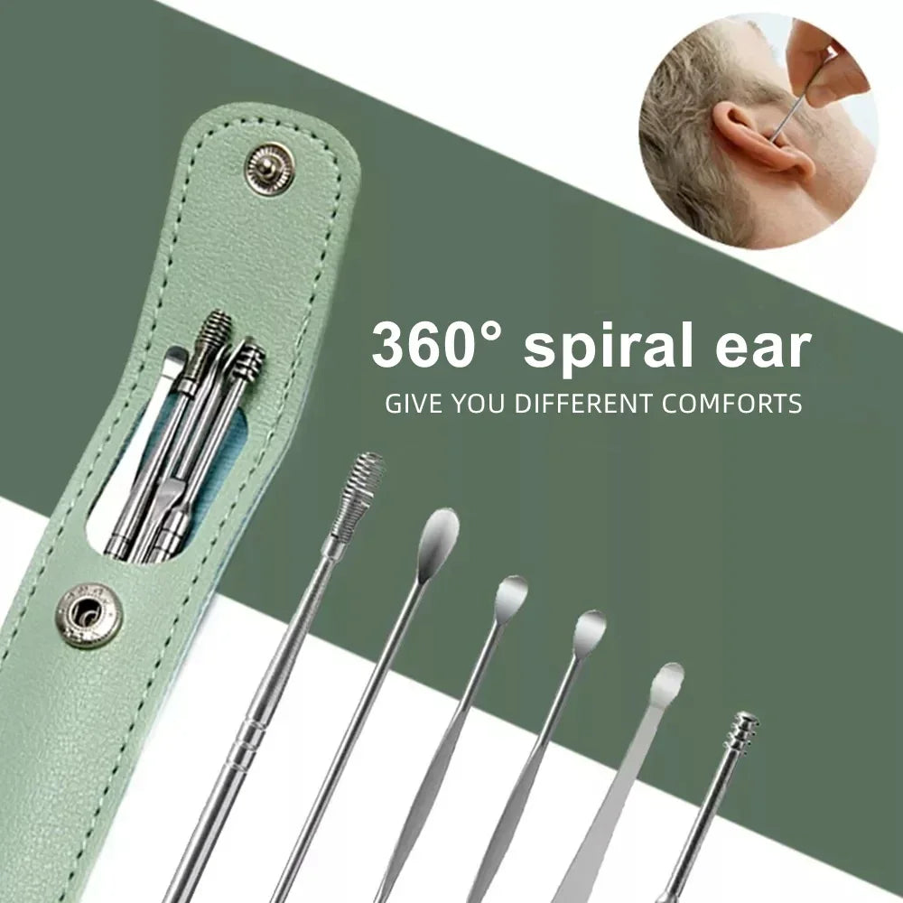 Eficaz herramienta de limpieza de cerumen de 6 piezas con hisopo espiral y cureta para oídos, herramienta para el cuidado diario de los oídos