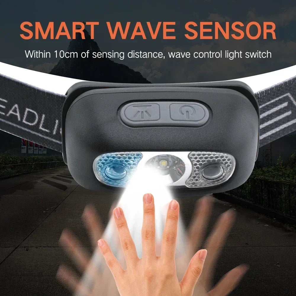 Mini LED Headlamp USB Rechargeable Headlight Wave Sensor Head Flashlight Outdoor Houshold Lamp for Camping Hiking Emergency Fish