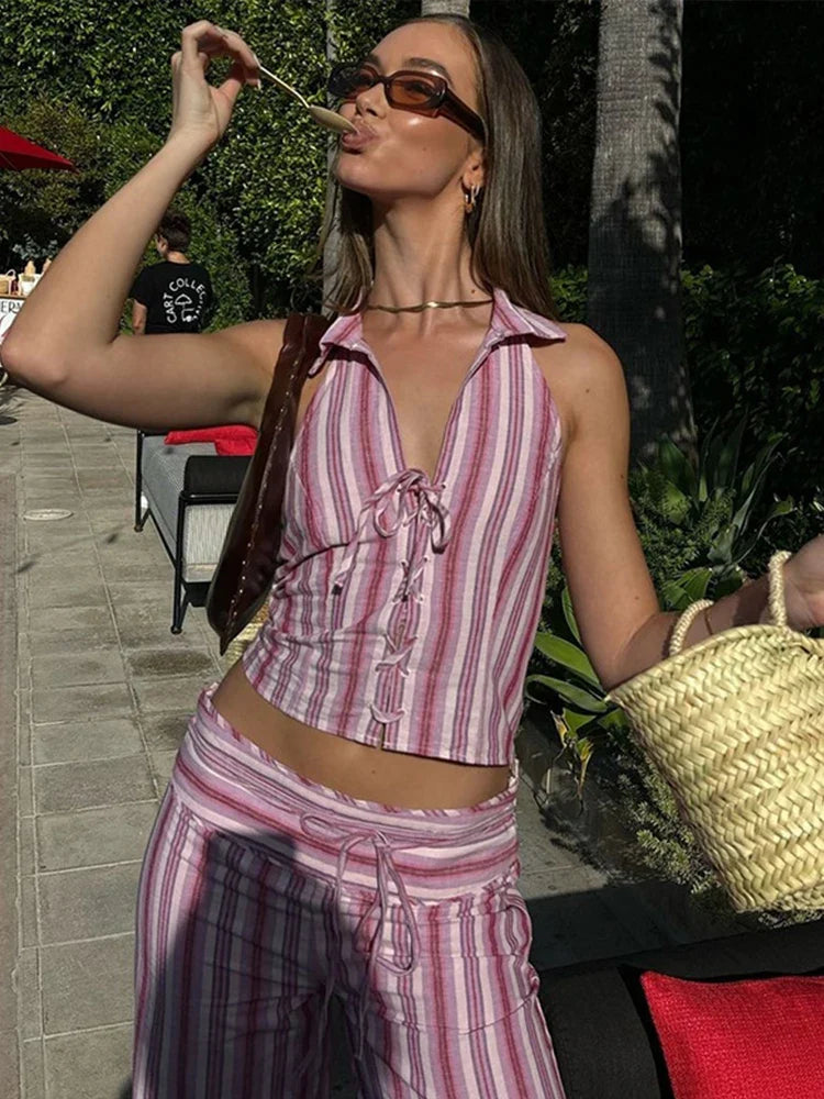Conjunto de pantalón y chaleco de rayas con cordones para mujer, top sin mangas sin espalda y pantalones de talle alto, conjunto de ropa urbana para dama, novedad 2024