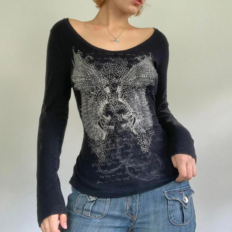 Camiseta térmica de manga larga estilo Y2K grunge, cyber mall goth, con estampado gráfico de calaveras, tops tipo pulóver, estética vintage de los 90 para mujer