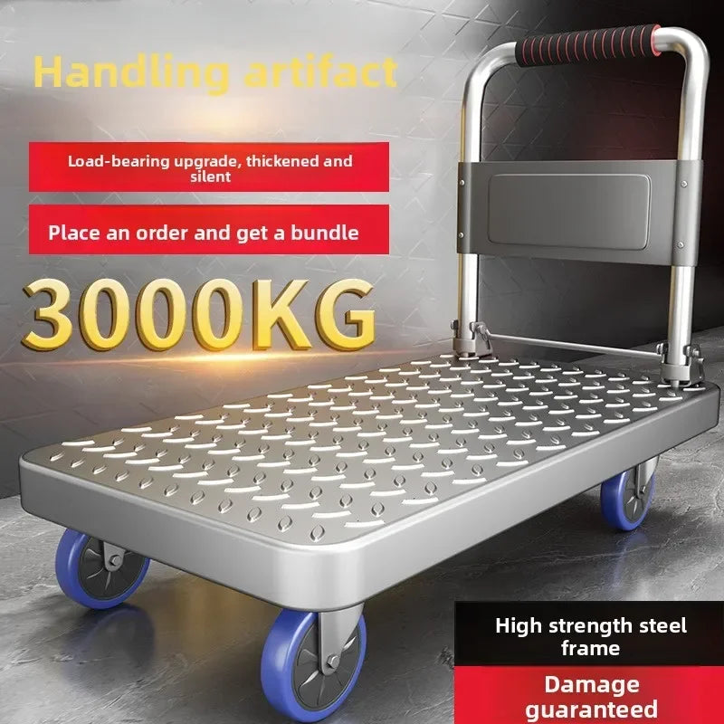 Carro de mano de chapa de acero, carrito, manipulación, engrosado, plegable, portátil, silencioso, remolque, carro plano