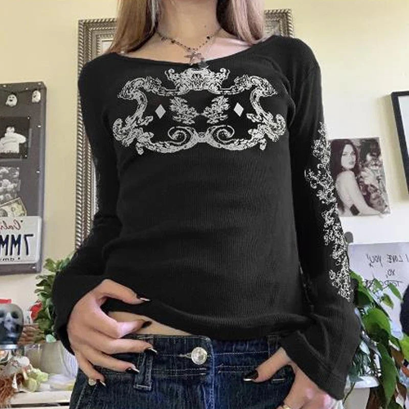 Camiseta térmica de manga larga estilo Y2K grunge, cyber mall goth, con estampado gráfico de calaveras, tops tipo pulóver, estética vintage de los 90 para mujer