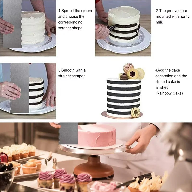 1 Rasqueta para tartas de acero inoxidable, rasqueta para tartas de metal, alisador, peine decorador de tartas de doble cara con borde estampado YY126