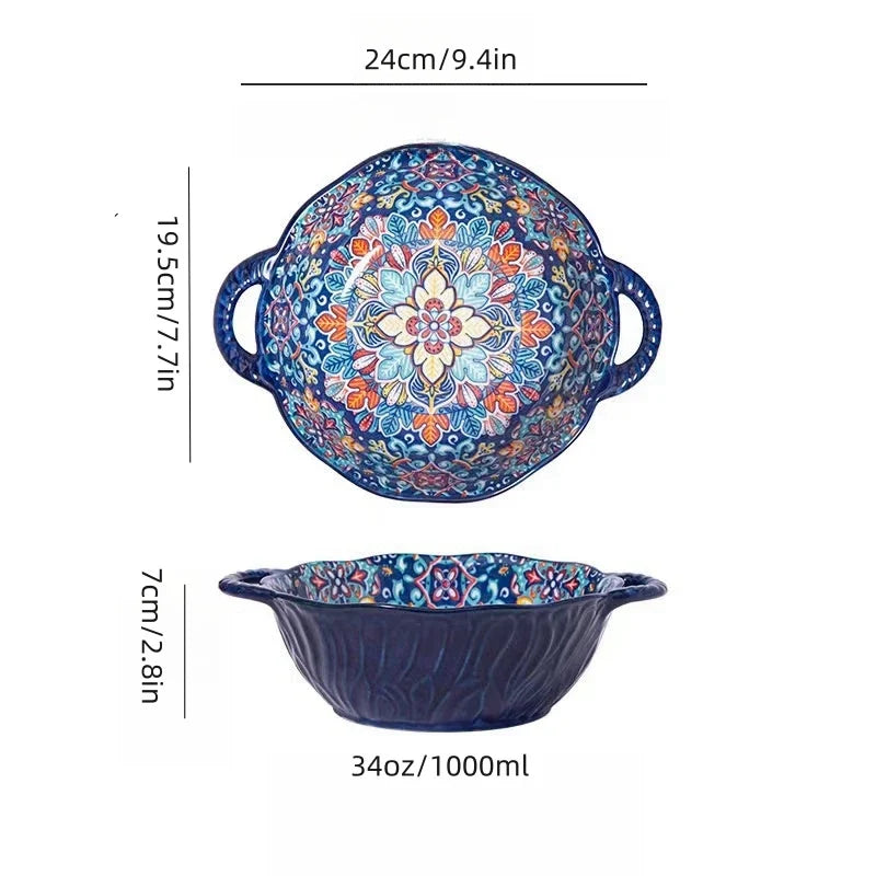 Tazón de sopa de cerámica estilo bohemio con asa, apto para microondas, diseño en relieve, ideal para servir sopas, ensaladas, fideos ramen