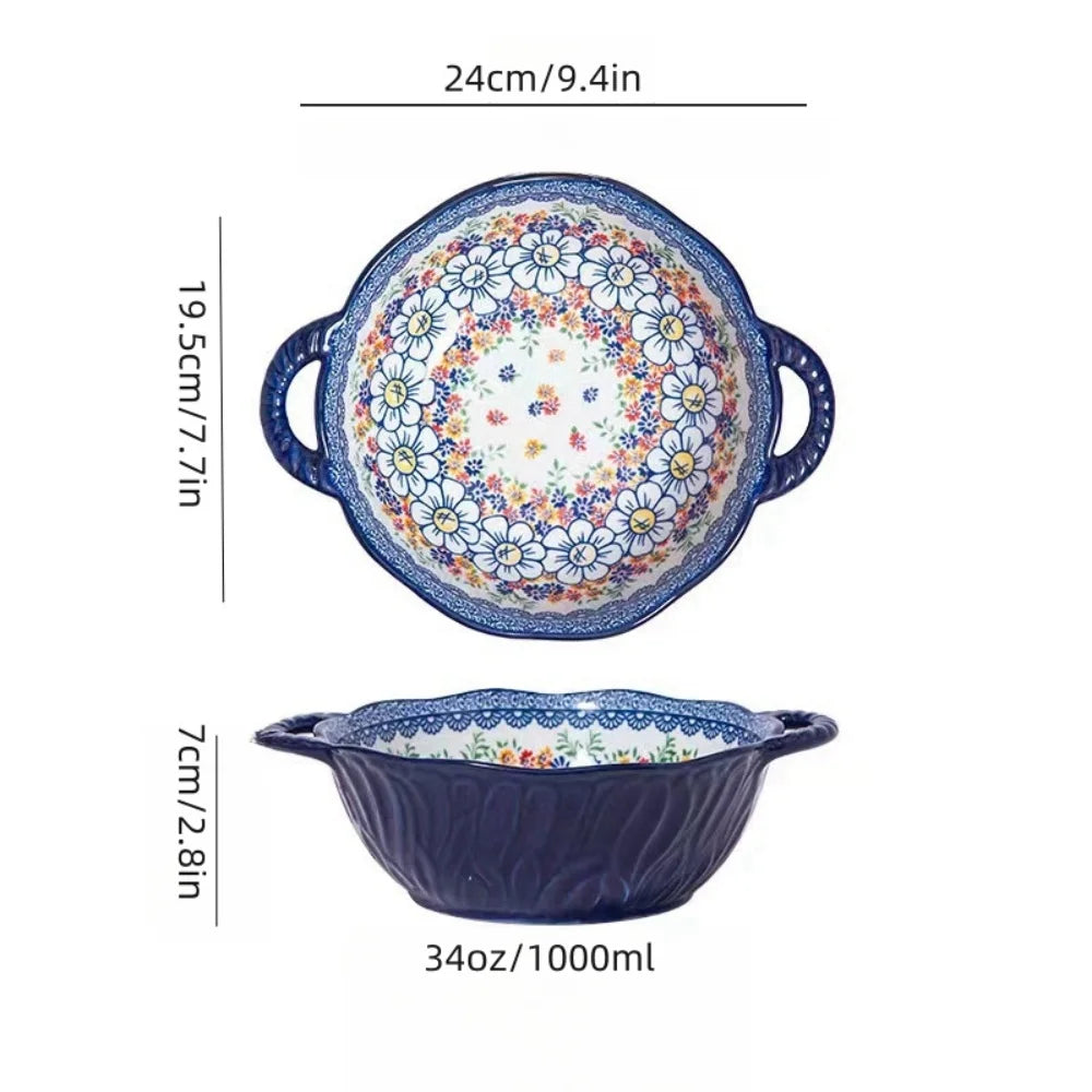 Tazón de sopa de cerámica estilo bohemio con asa, apto para microondas, diseño en relieve, ideal para servir sopas, ensaladas, fideos ramen