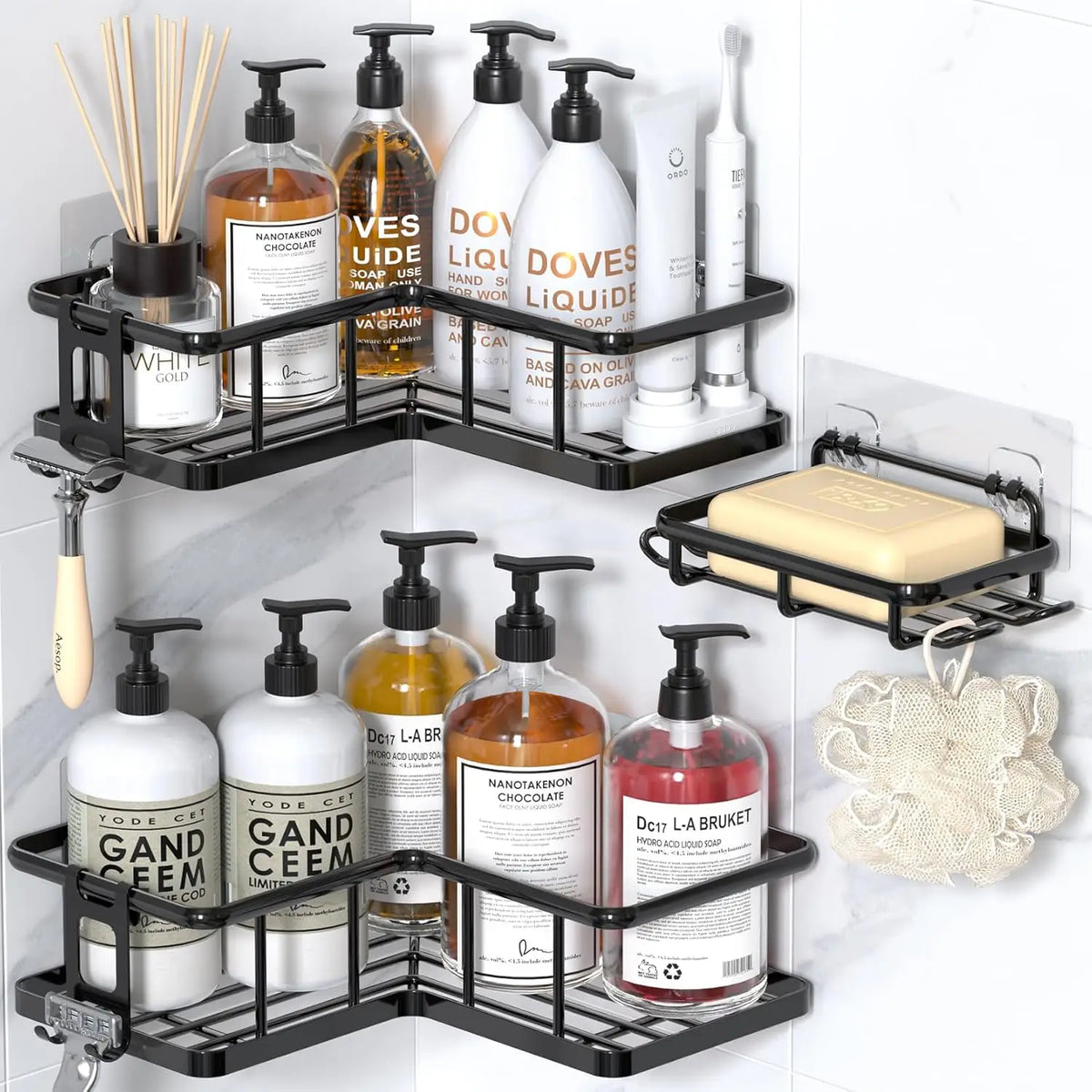 Estantes de ducha de acero inoxidable a prueba de óxido, adhesivos, paquete de 3, con jabonera, organizador de esquina sin perforaciones para baño, negro