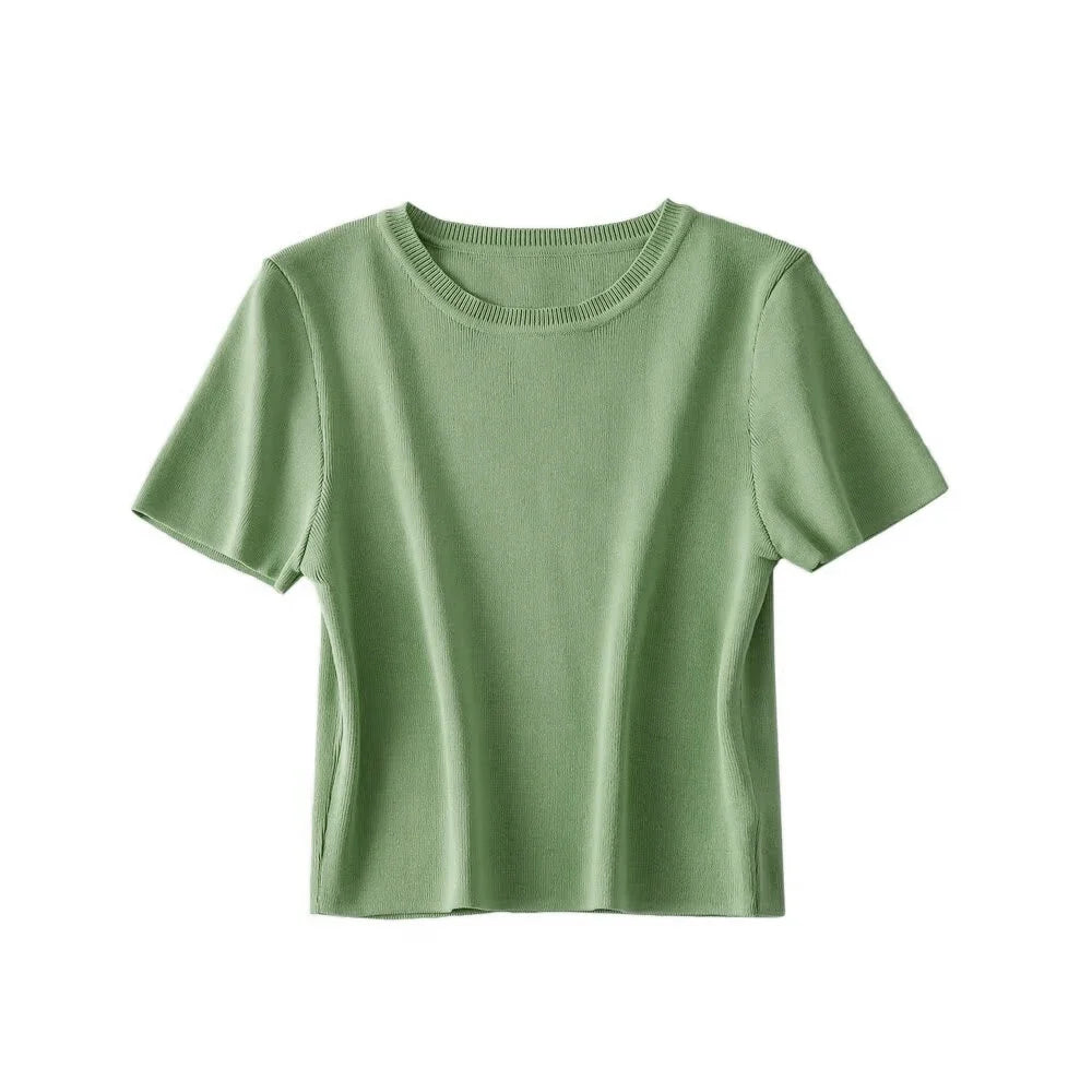 Women Fashion Striped Basic Cropped Knit Sweater Vintage O Neck Short Sleeve Female Pullovers Chic Tops