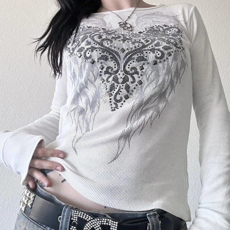 Camiseta térmica de manga larga estilo Y2K grunge, cyber mall goth, con estampado gráfico de calaveras, tops tipo pulóver, estética vintage de los 90 para mujer