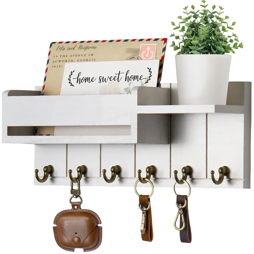 Colgador de Llaves Decorativo y Organizador de Correo con 6 Ganchos para Llaves, Estante de Madera Rústica, Montado en la Pared para Salón o Entrada