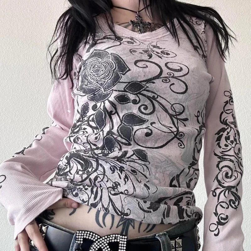 Camiseta térmica de manga larga estilo Y2K grunge, cyber mall goth, con estampado gráfico de calaveras, tops tipo pulóver, estética vintage de los 90 para mujer