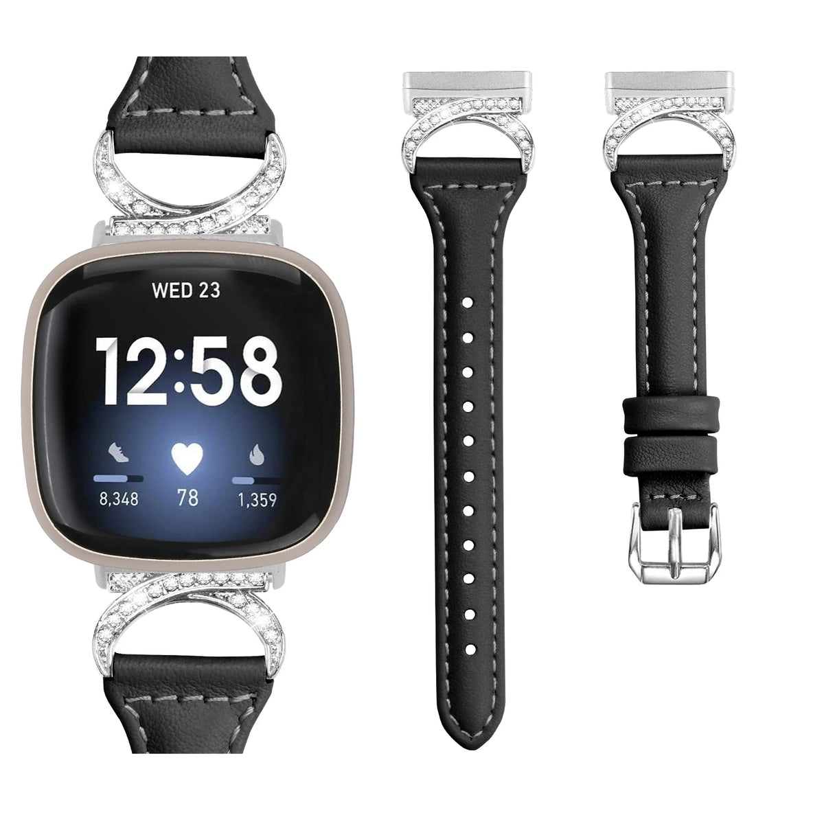 Fitbit Sense 1–2 / Versa 3–4 Leather Band with Sparkling D-Links