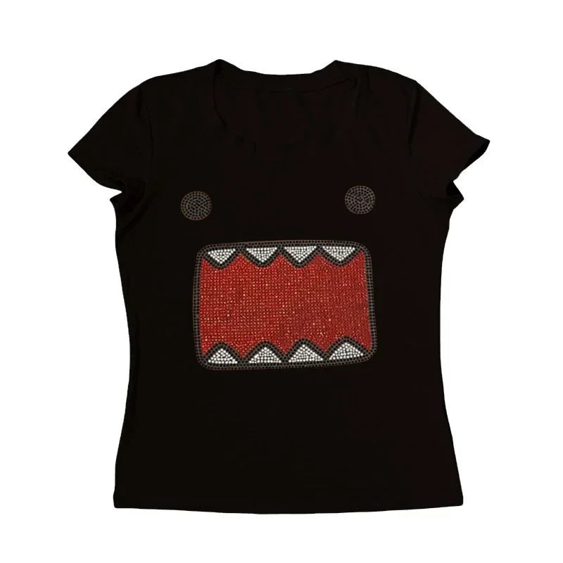 2025 summer new women Y2K Girl Retro Hot Fix Rhinestone Application Round  Neck Top T-shirt  Funny Vintage Tama Jun Top