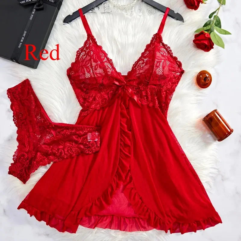 Conjunto de lencería sexy para mujer, sujetador erótico, camisón, lencería de encaje sexy, ropa de dormir, vestidos ajustados suaves, cuello en V, camisón completo y vestidos