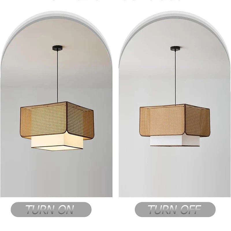Lámpara colgante de ratán rústico retro para restaurante Wabi Sabi E27 Led, candelabro cuadrado para mesa de centro, accesorios de decoración para mesa de comedor