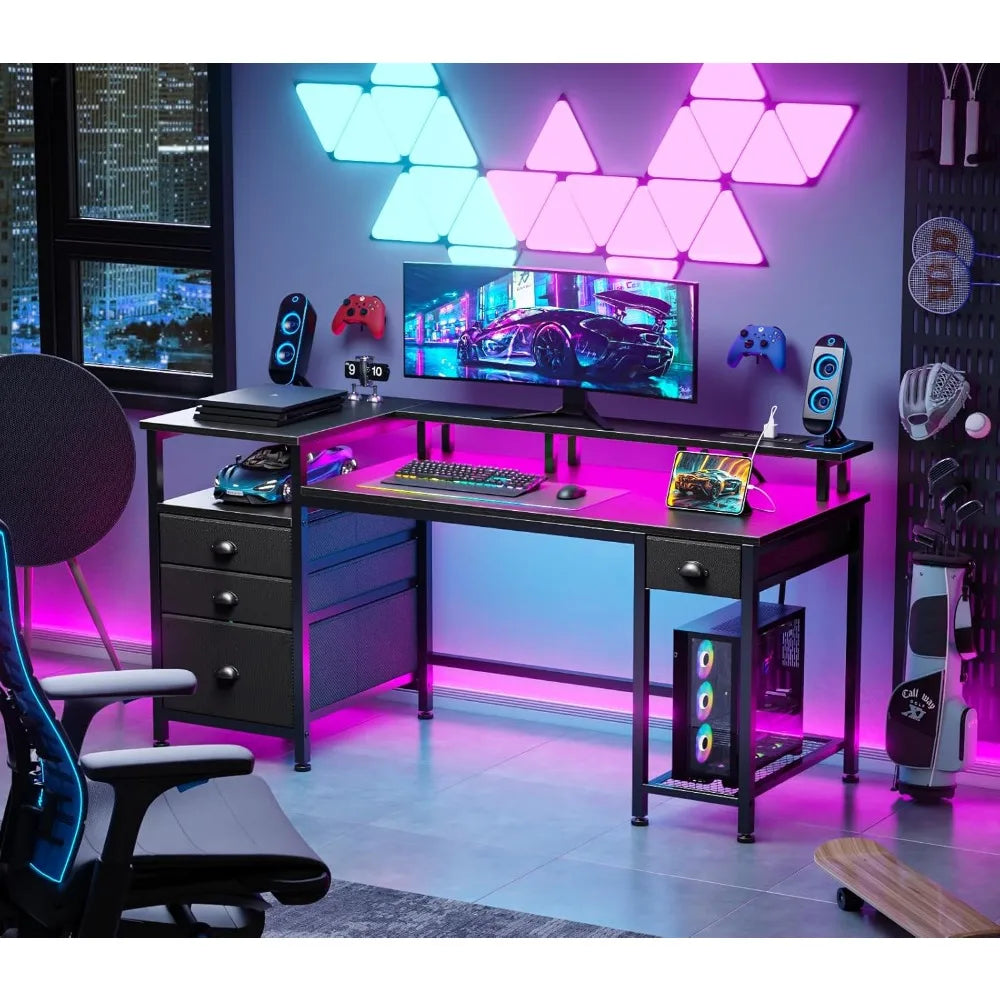 Escritorio negro de 60" con 4 cajones y espacio para impresora, escritorio para juegos con luces LED y tomas de corriente USB, escritorio para oficina en casa