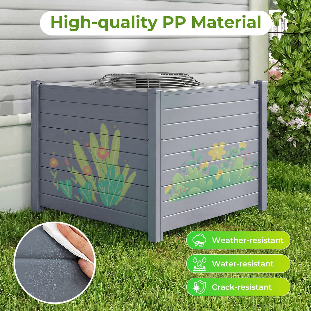 Set of 2 48 x 38 Inch Air Conditioner Fence 2 Panels with Metal Ground Stakes-Gray