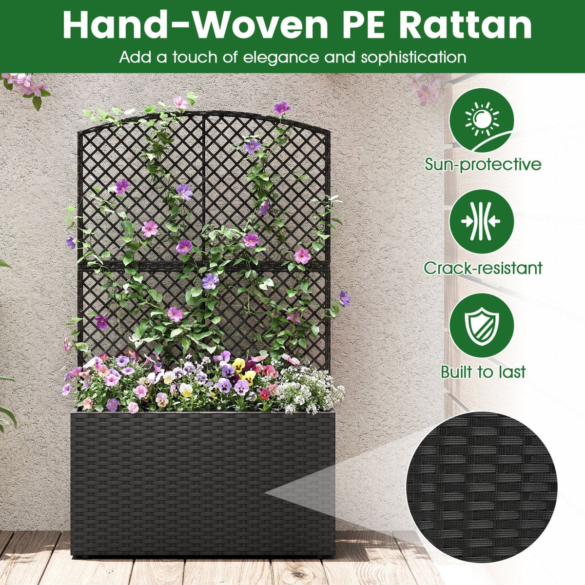 Set of 2 49 Inch Raised Garden Bed with Trellis and Wicker Planter Box