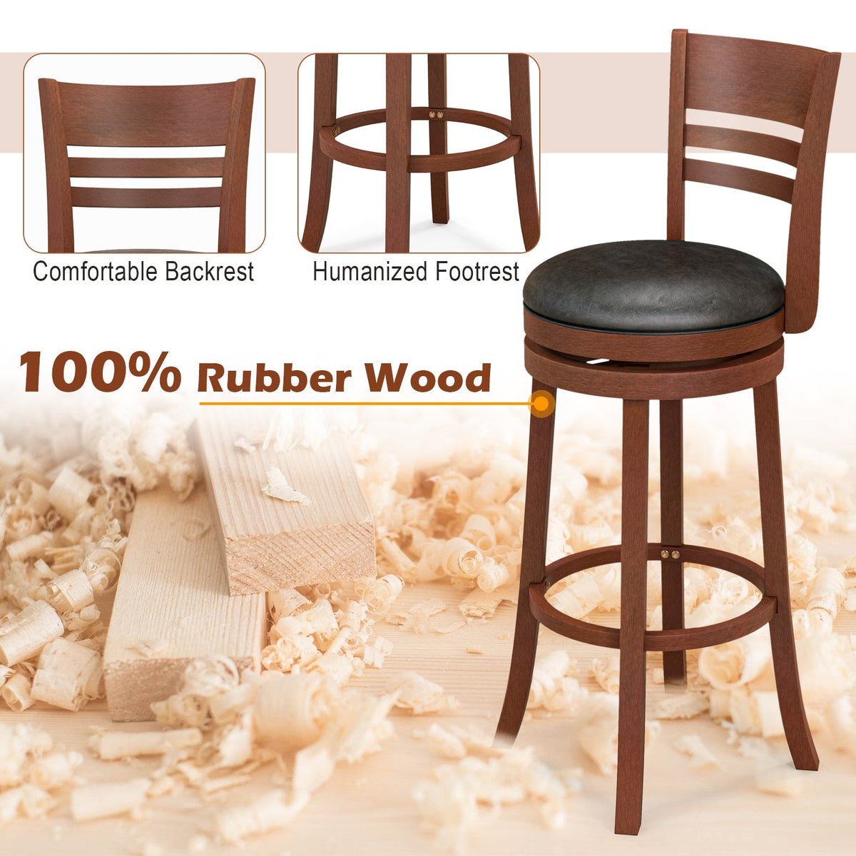 Set of 2 360° Bar Stools with PU Upholstered Seats-Brown