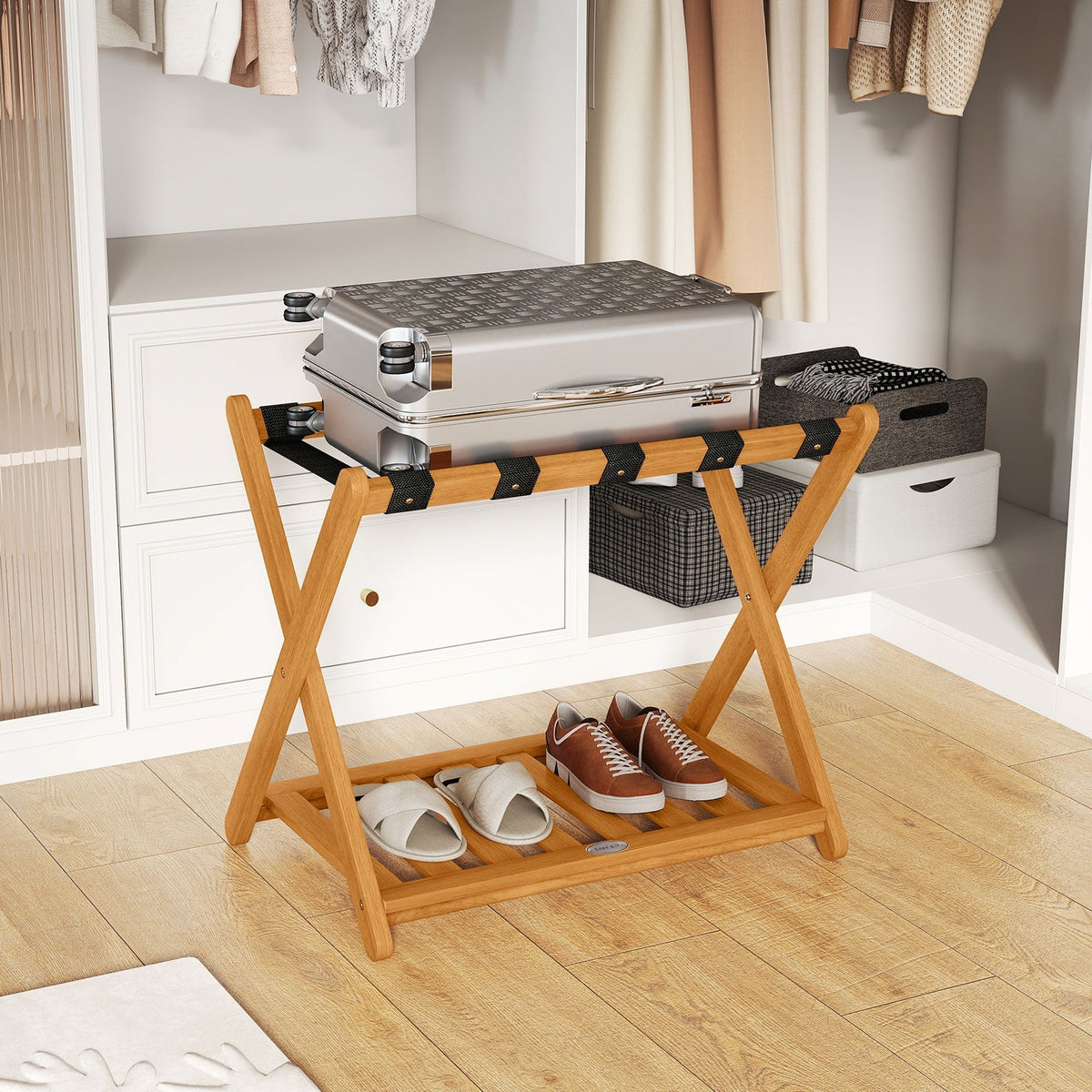 Set of 2 Folding Luggage Racks with 5 Nylon Straps and Slatted Storage Shelf