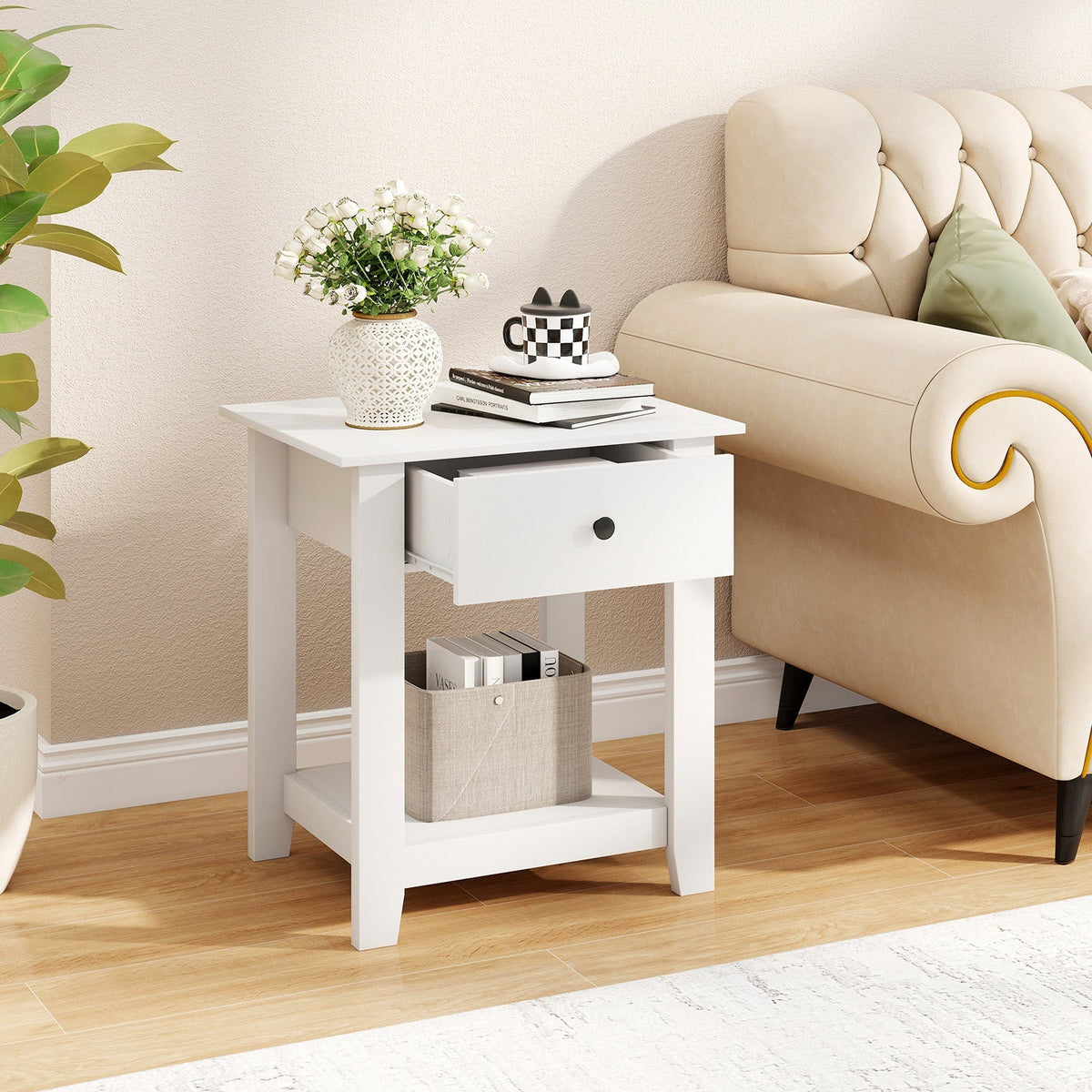Set of 2 Nightstand with Drawer 3-Tier Modern Bedside Table with Open Shelf and Storage