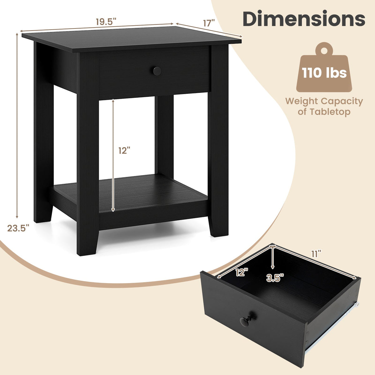 Set of 2 Nightstand with Drawer 3-Tier Modern Bedside Table with Open Shelf and Storage