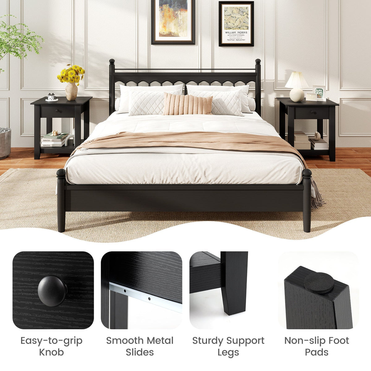 Set of 2 Nightstand with Drawer 3-Tier Modern Bedside Table with Open Shelf and Storage